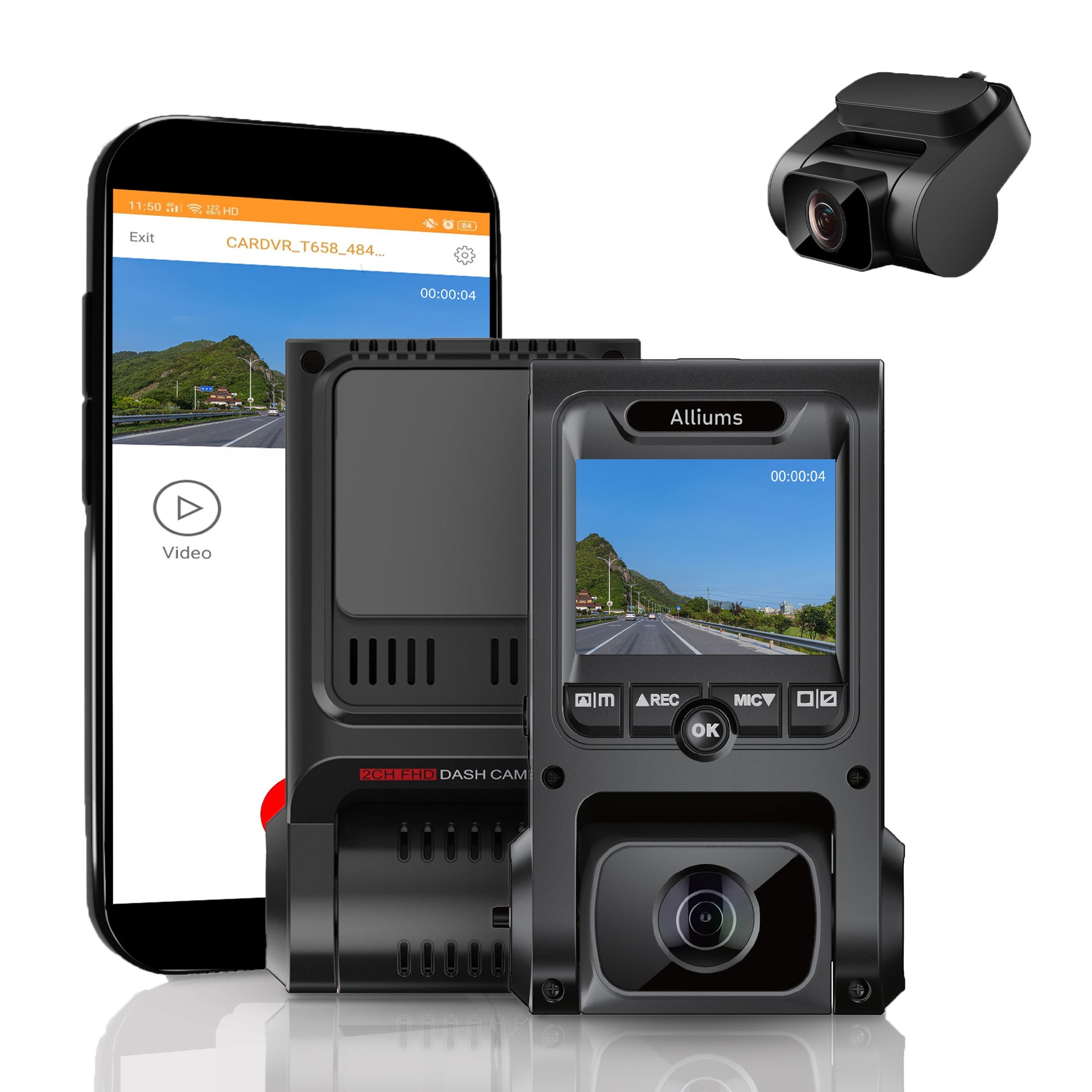 A black AC-025 ALLIUMS dash cam set with a front camera display and a rear camera, alongside a smartphone showing a view of the camera's display.