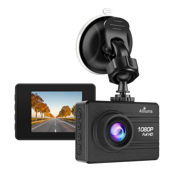 A black AC-05  dash camera with a label indicating 1080P Full HD and a wide angle lens, attached to a suction mount on a road surface.