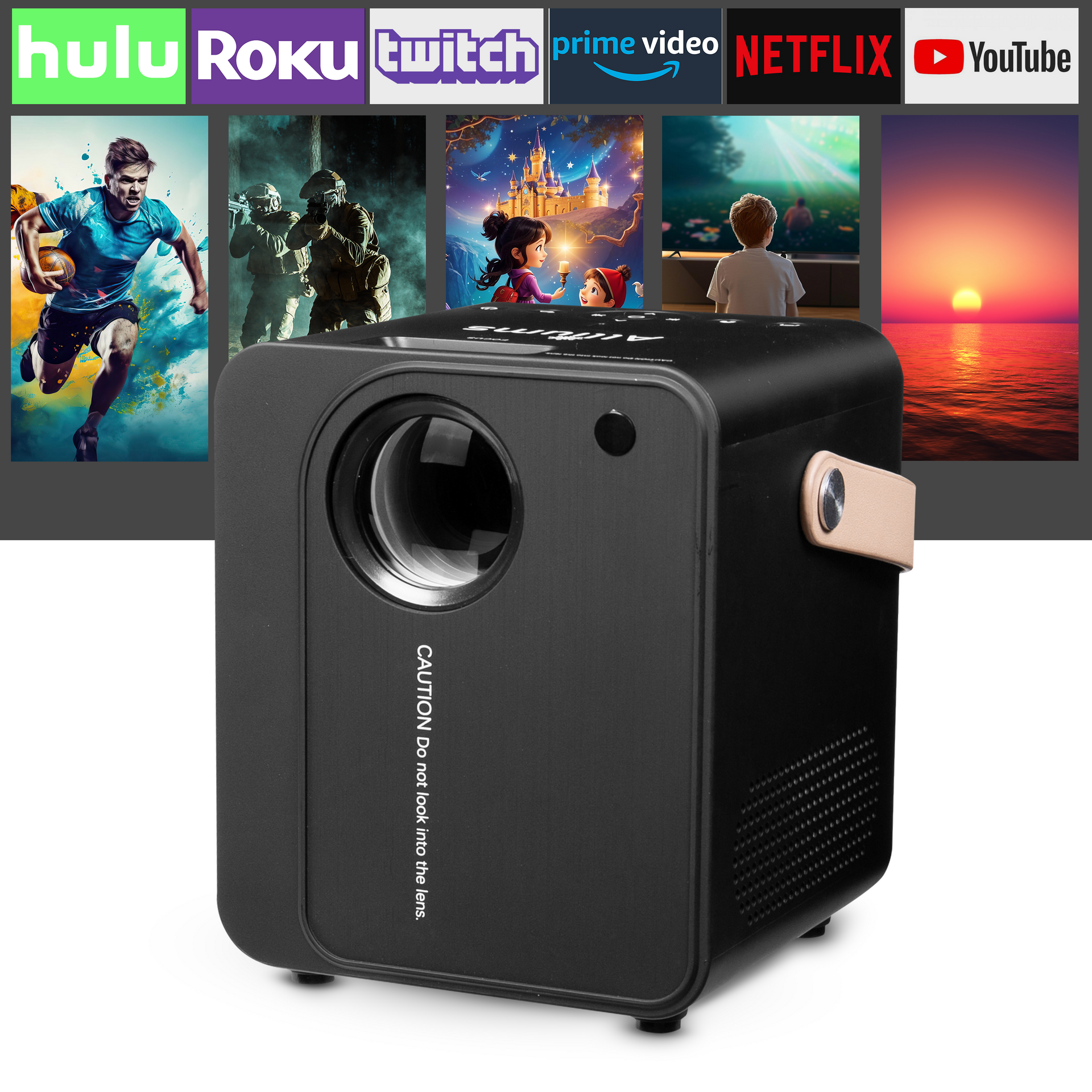 A Black AP-12B mini projector with logos of various streaming services displayed alongside it, indicating compatibility with these services.