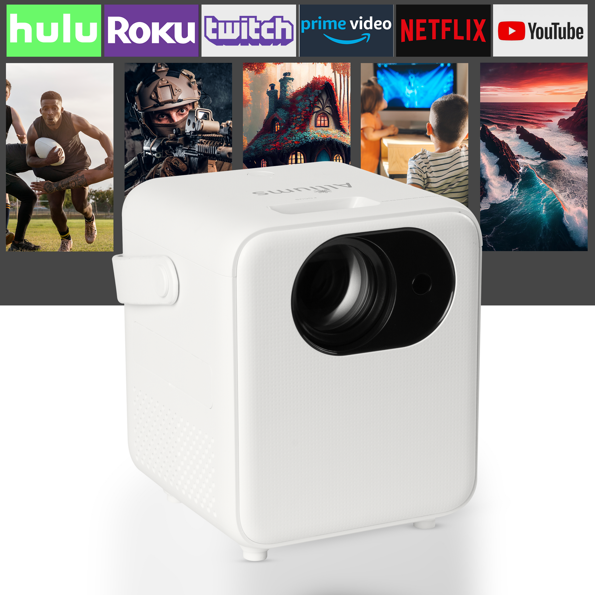 A white mini AP-12 projector with logos of various streaming services displayed alongside it, indicating compatibility with these services.