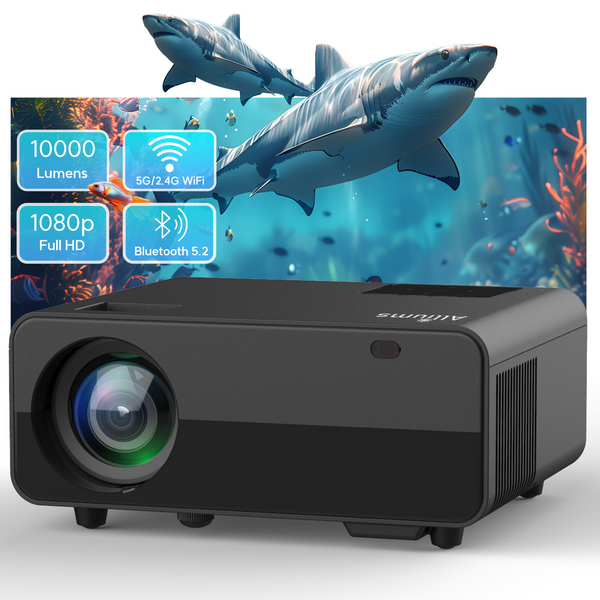 A white AP-25B_1st mini portable projector with 1080p Full HD resolution, 10,000 lumens, and Bluetooth 5.2 connectivity.