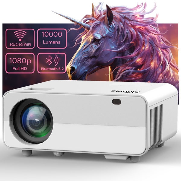 A white AP-25 mini portable projector with 1080p Full HD resolution, 10,000 lumens, and Bluetooth 5.2 connectivity, 1st pic front.