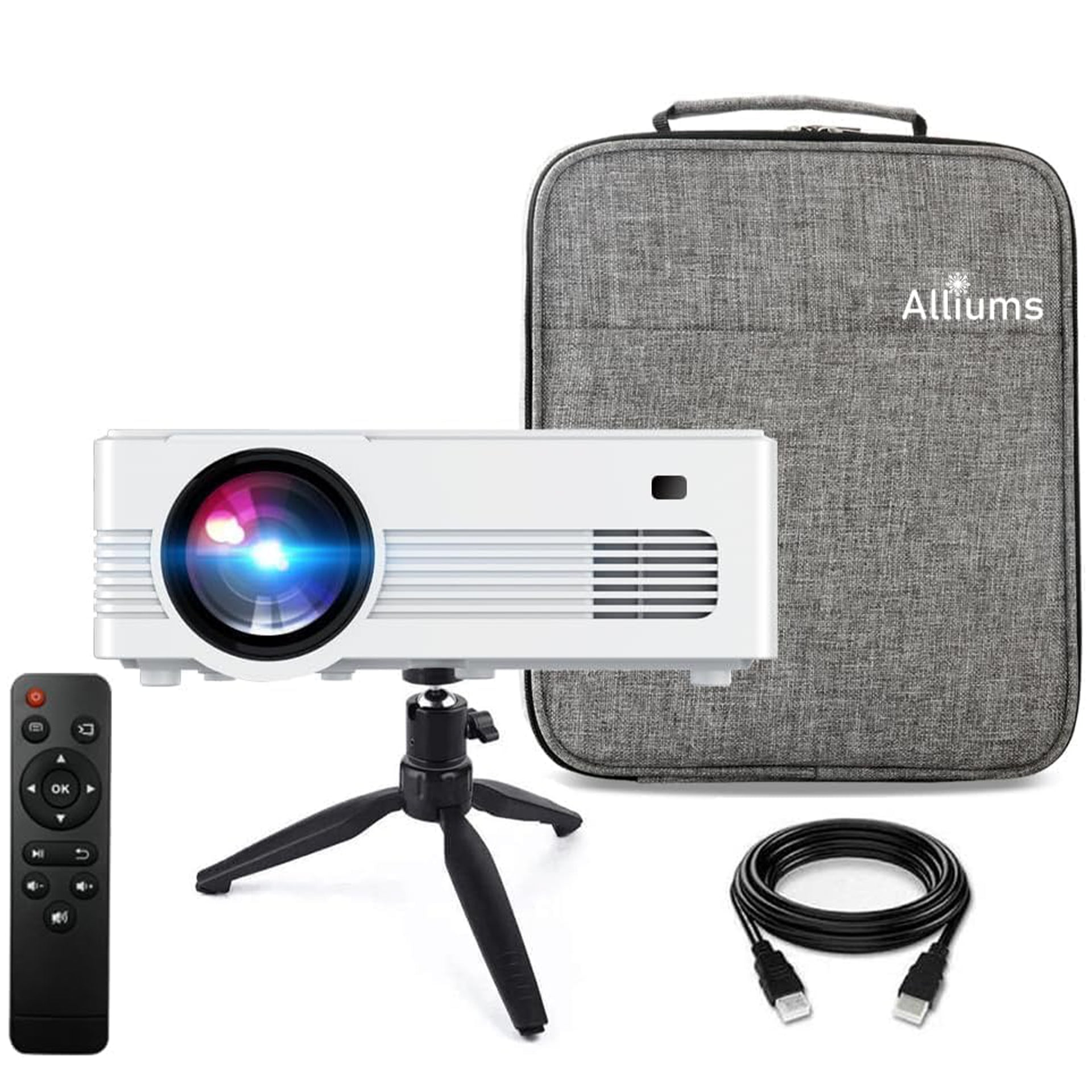 The image AP10-1st shows a white mini projector with a carrying case and a remote control. The projector is placed on a mini tripod, and a black cable is also visible.