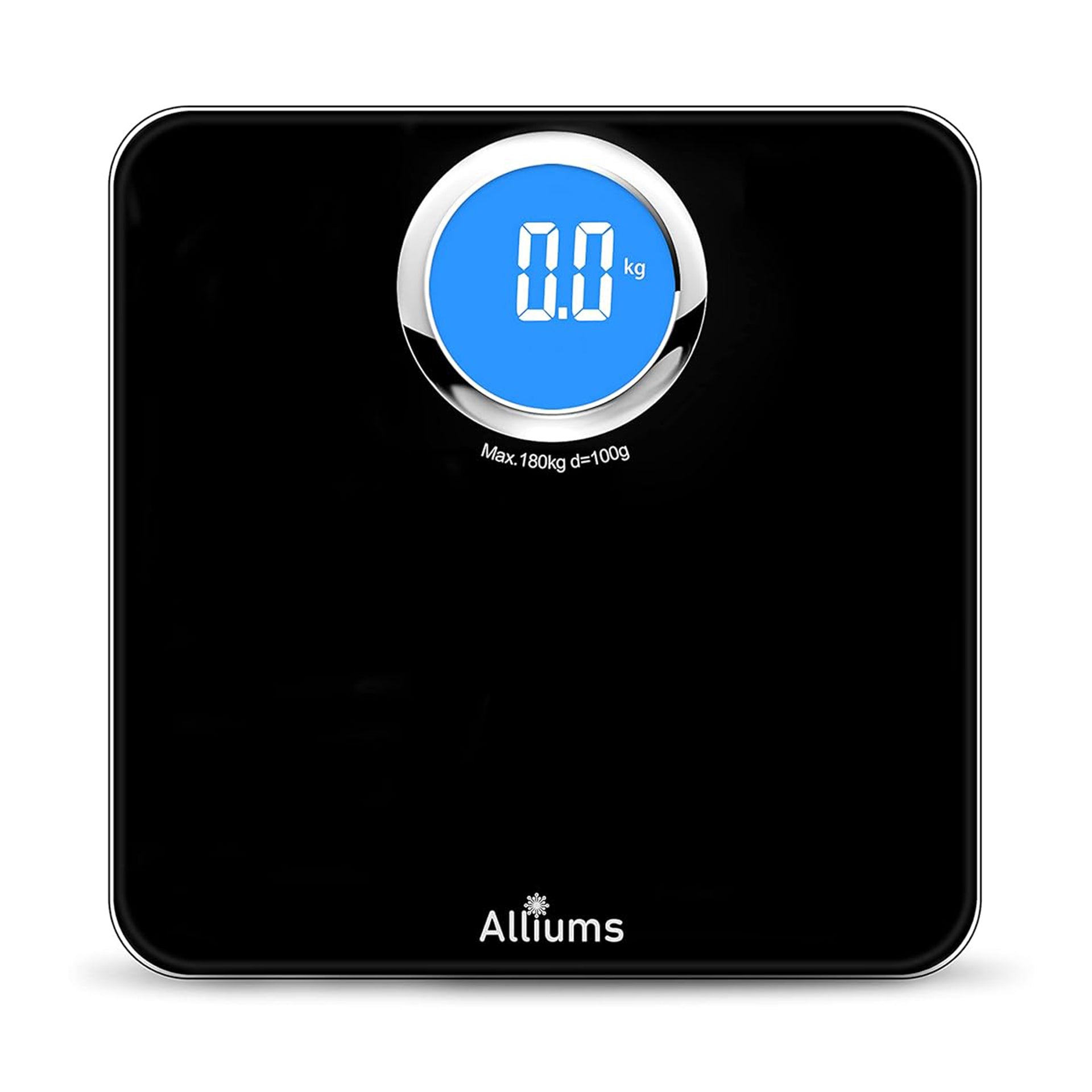 AS-010 1st Front image.
A black digital body weight scale with a large illuminated LCD display in the center, with the brand name 'Alliums' visible.